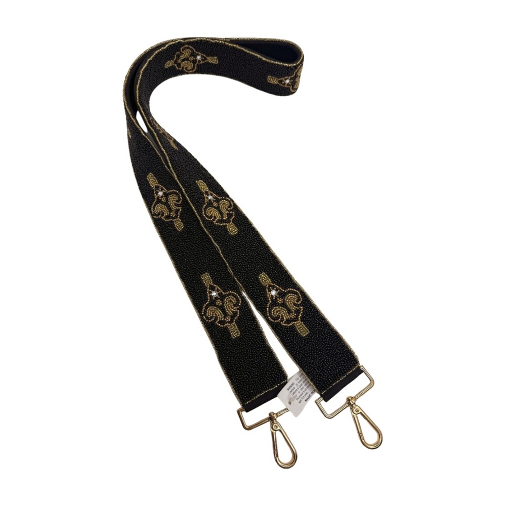 Beaded Fleur de Lis Guitar Elegant Black and Gold Bag Strap